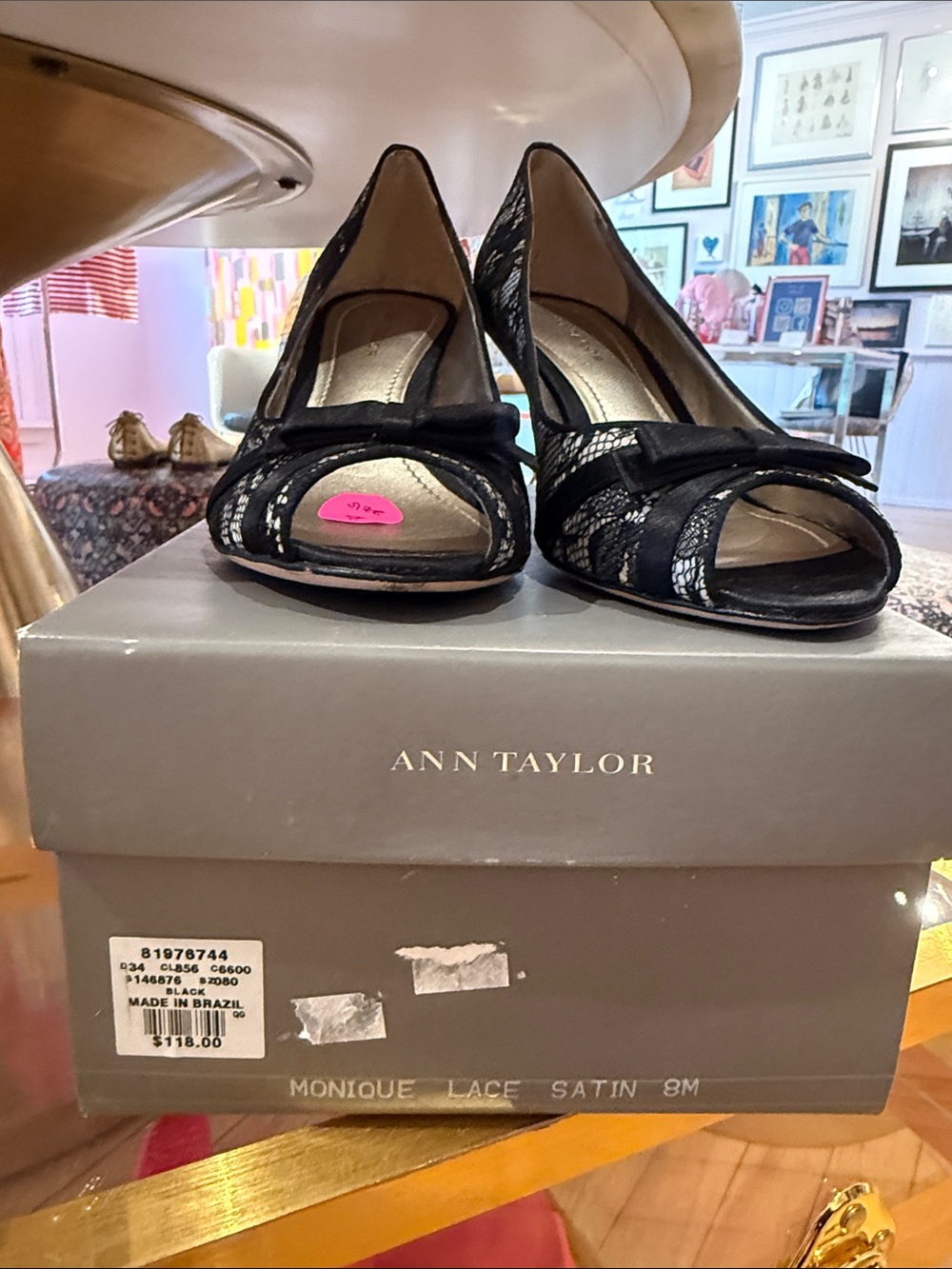 Ann Taylor Monique Black Lace Peep-Toe Heels with Bow Accent 3 inch heel size 8 - Picture 14 of 14